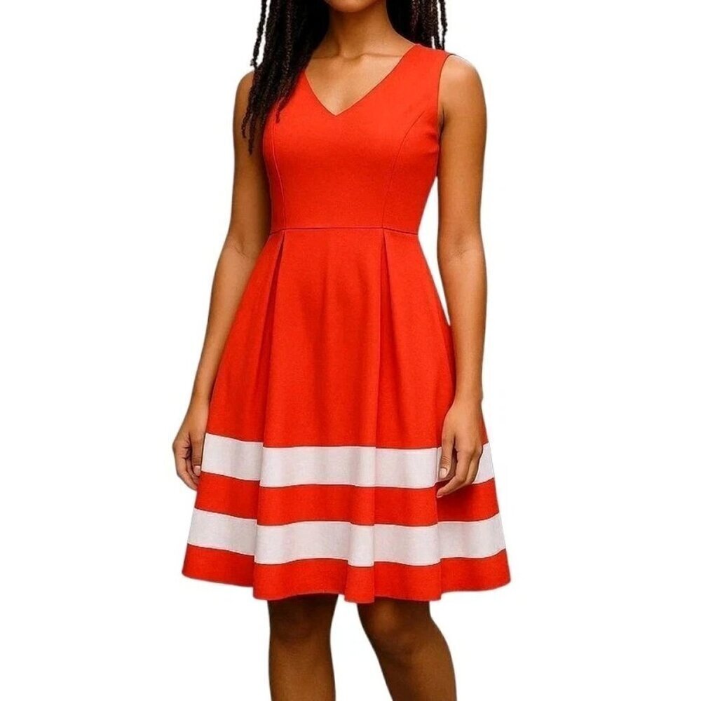 Leslie Fay Fit N Flare Dress Size 10 Orange White Sleeveless V Neck Cotton Blend